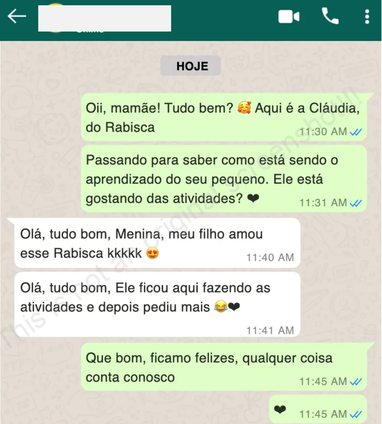Conversa de WhatsApp: mãe conta que o filho amou o Rabisca e pediu mais atividades