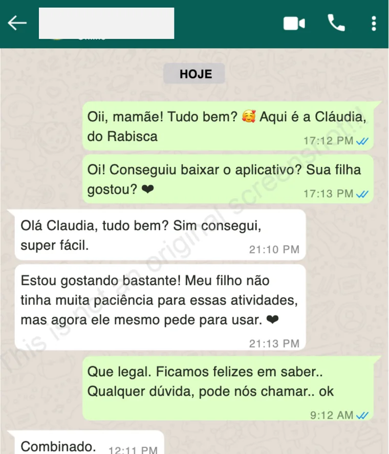 Conversa de WhatsApp: mãe conta que instalou fácil e que o filho, que não tinha paciência, agora pede para usar